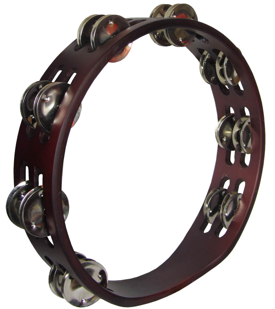 Atlas AP-L743 10inch Pro Tambourine, Headless Double row of bright jingles on a brown finished wooden frame