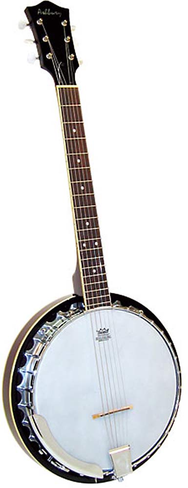 Ashbury AB-35-G 6 String Guitar Banjo, Mahogany Aluminum rim. White ABS bound mahogany neck with rosewood fingerboard. 19 Frets