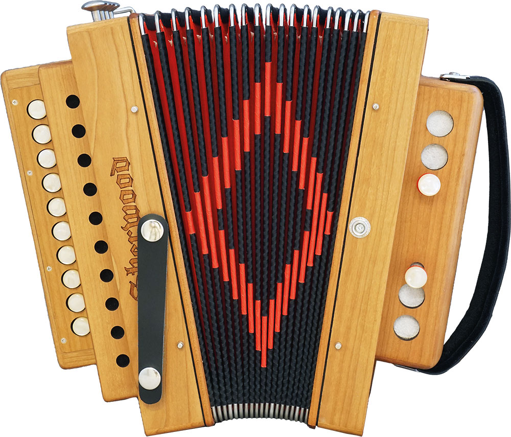 Sherwood Cajun Style Melodeon in C 1 row model with 10 treble buttons. 4 voice with 4 stops. 2 bass buttons