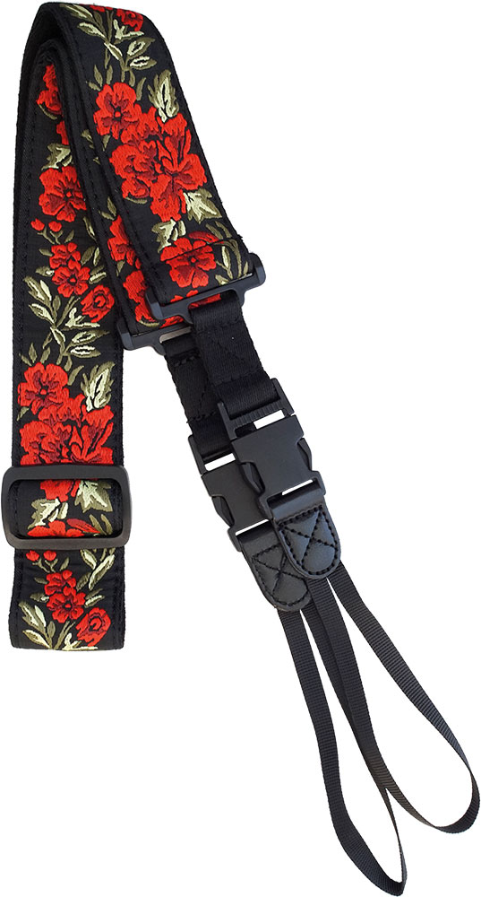 Viking VBS-65 Cotton Banjo Strap. Red Roses Woven cotton. Webbing bracket loops with Delrin side clips