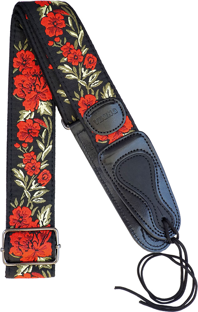 Viking VGS-65 Cotton Guitar Strap. Red Roses Woven cotton, with stamped leather ends and pocket for your picks