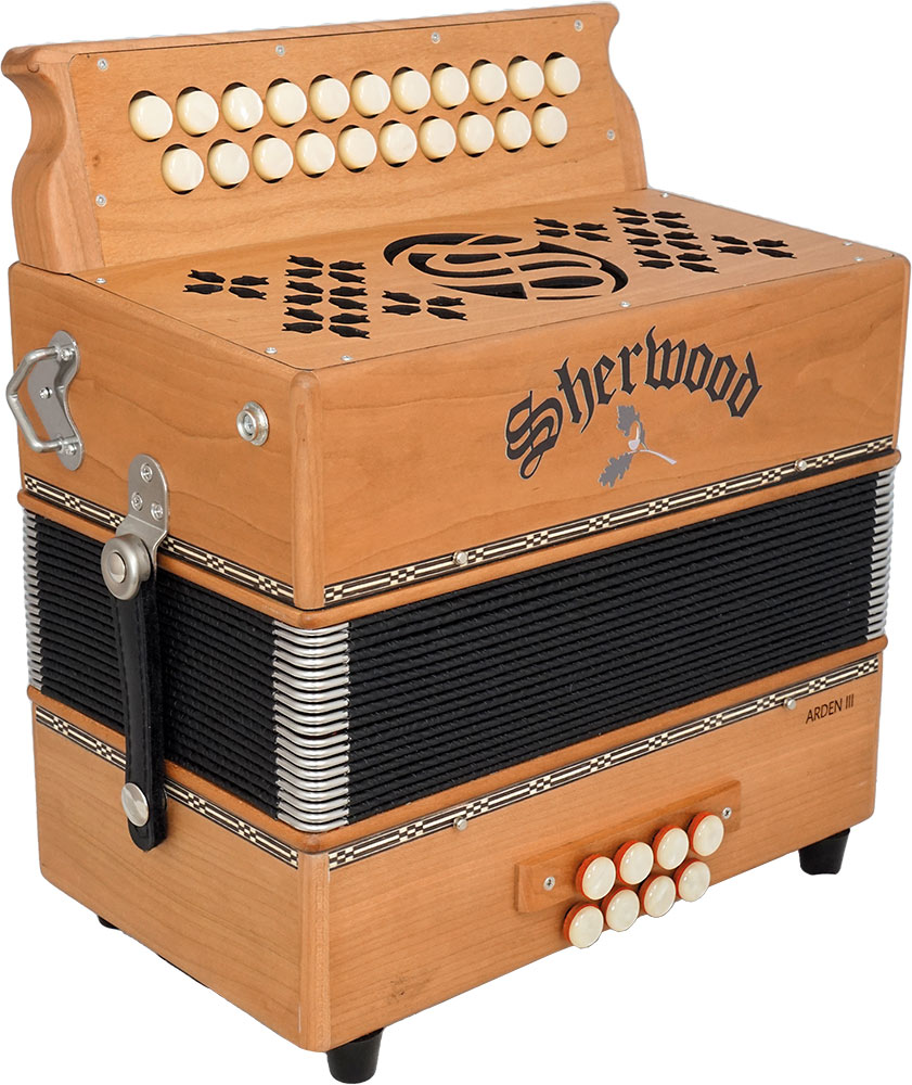 Sherwood Arden III B/C Melodeon. 3 voice 21 treble buttons. 3 voice with treble stop. 8 bass buttons with bass stop