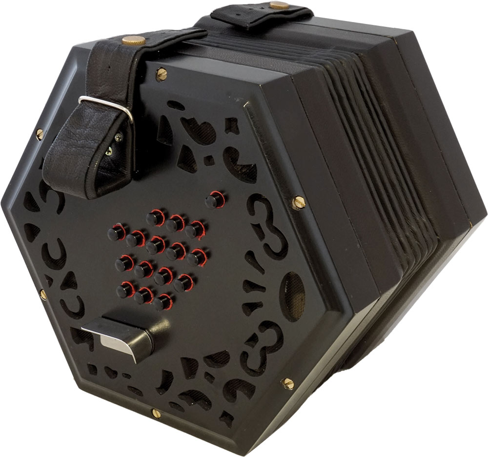 Sherwood Reynard 30 Key English Concertina C6 to G3, 2 full octaves. Black plastic buttons with black plywood fretted ends